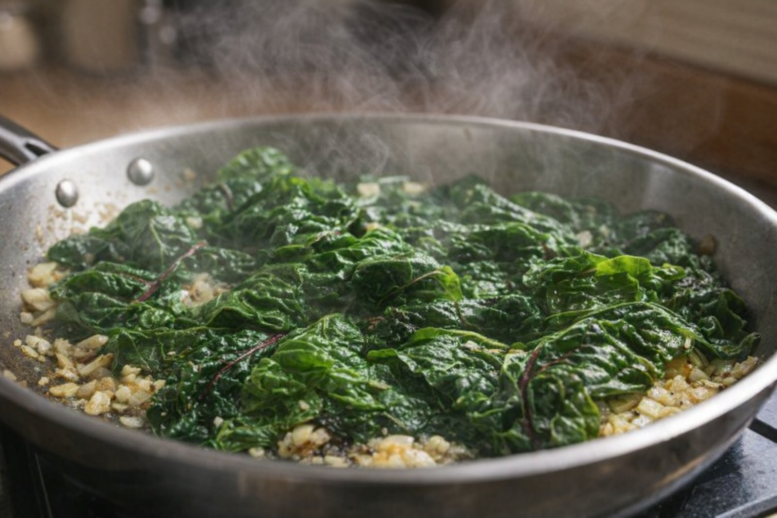An action shot of Swiss chard leaves wilting in a stainless steel skillet with sauteed onions and garlic. Steam is rising from the pan, and the leaves are a vibrant green color. Medium shot.